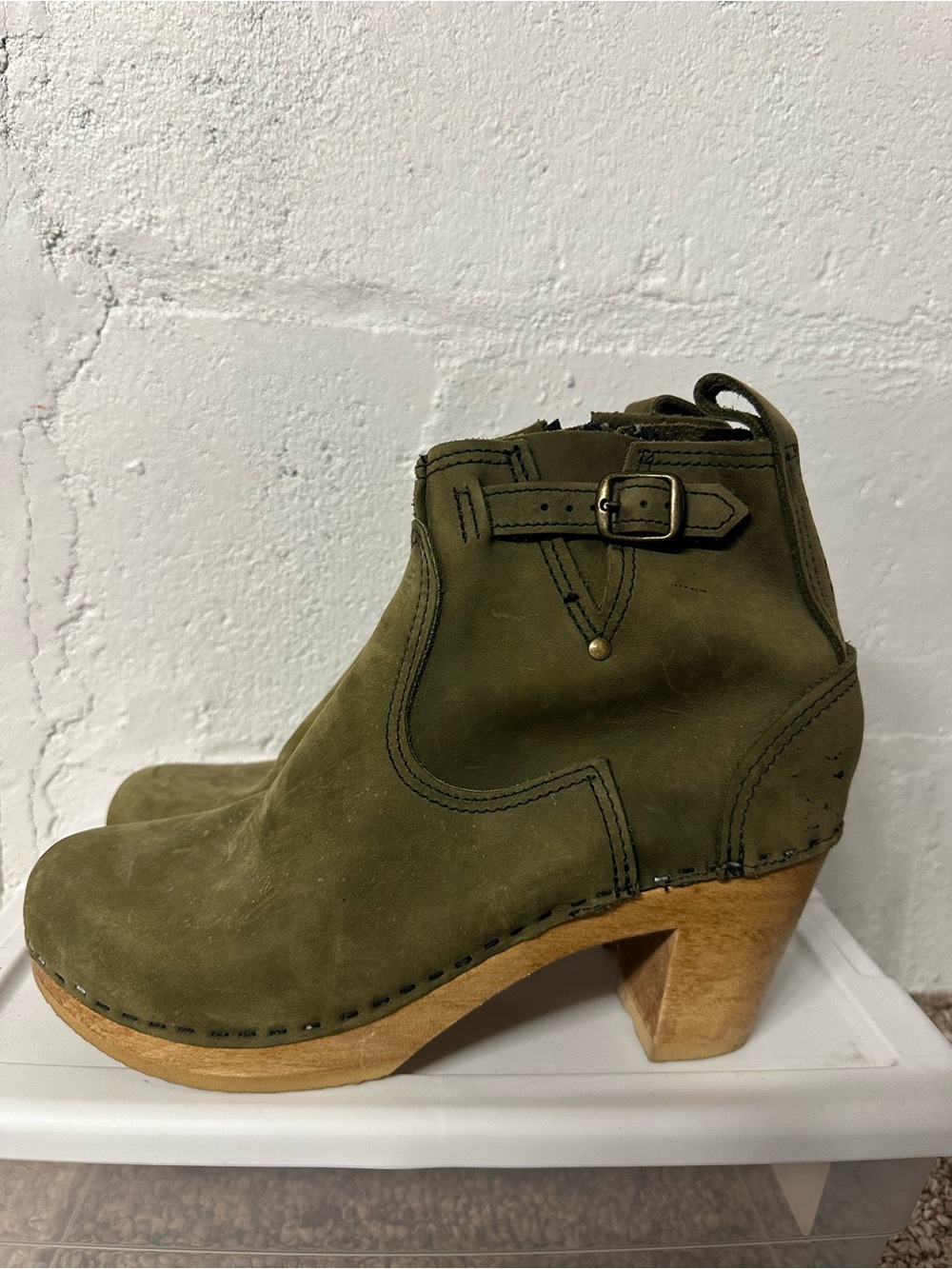 No. 6 Olive Suede Ankle Clog Booties with Buckle Strap